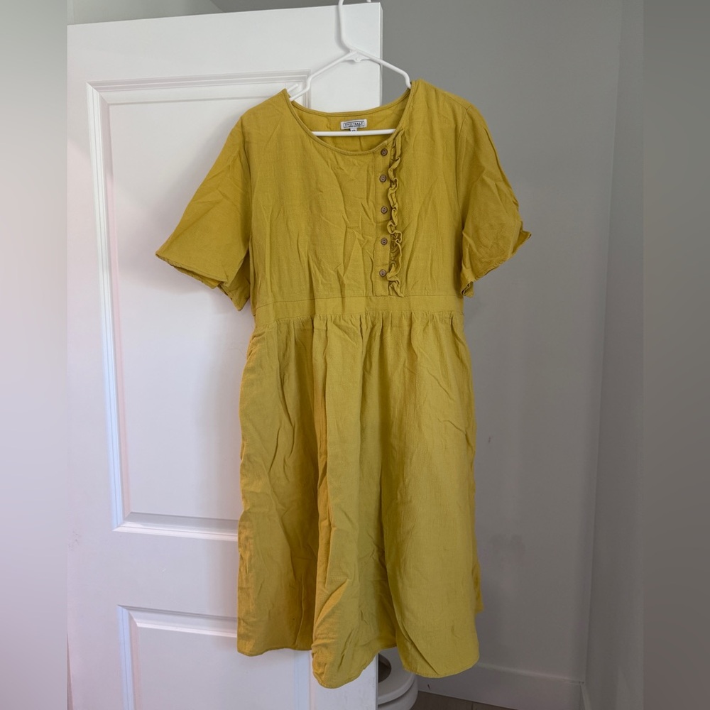 Yellow Pleated Buttoned Sundress Casual